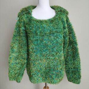 Fuzzy Eyelash Yarn Sweater Handmade‎ Mossy Forest Elfcore Fairy Green Knit L XL